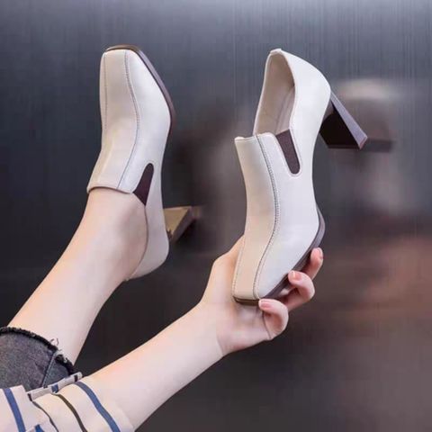 Genuine Leather High Heels For Women Thick Heel Square Shoes