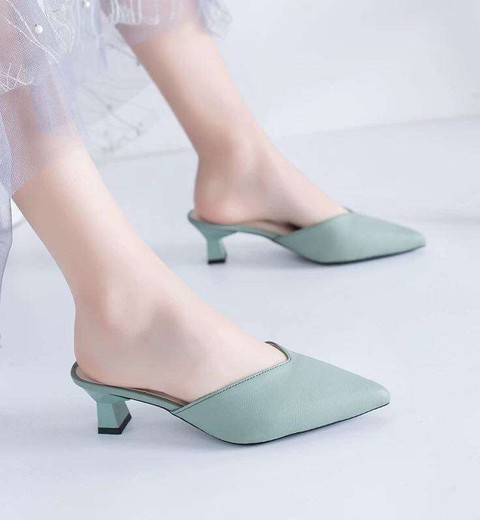 Korean Version  Pointed Thick Heel Half Slippers Mid heel