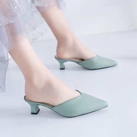 Korean Version  Pointed Thick Heel Half Slippers Mid heel