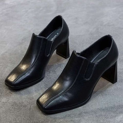 Genuine Leather High Heels For Women Thick Heel Square Shoes