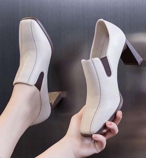 Genuine Leather High Heels For Women Thick Heel Square Shoes