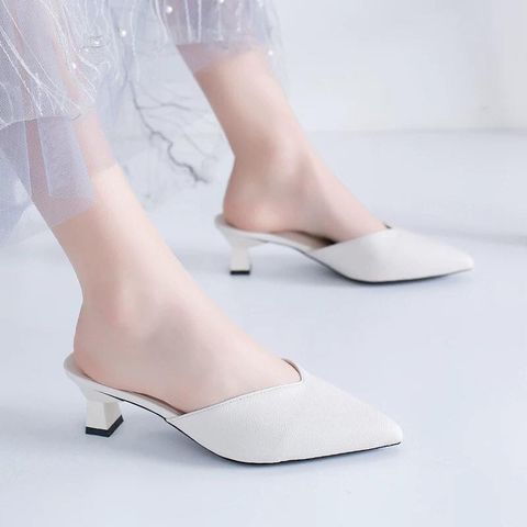 Korean Version  Pointed Thick Heel Half Slippers Mid heel