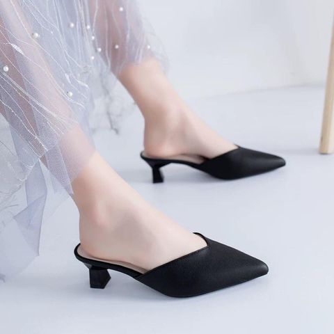 Korean Version  Pointed Thick Heel Half Slippers Mid heel