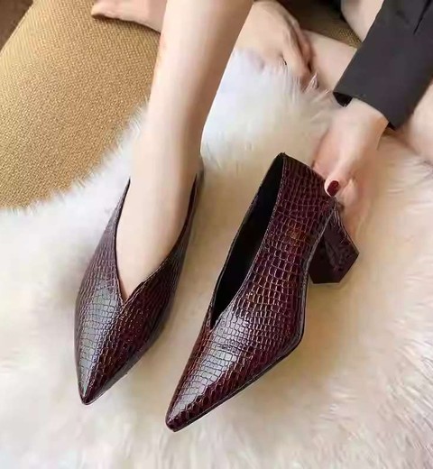 Low Heel Pointed Shoes  Thick Heel V-Neck Shoes