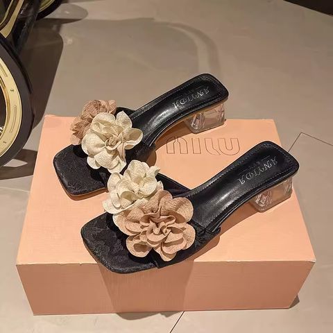 French Fairy Style Flower Crystal Thick Heel