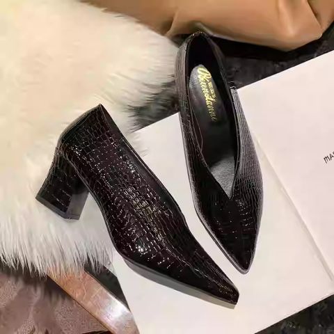 Low Heel Pointed Shoes  Thick Heel V-Neck Shoes