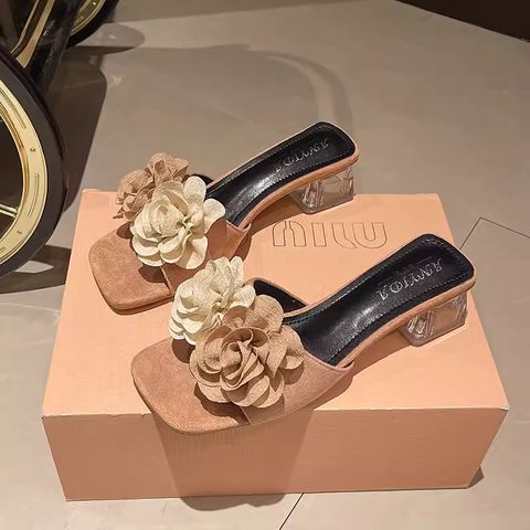 French Fairy Style Flower Crystal Thick Heel