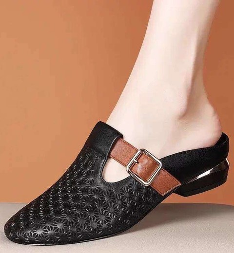 Genuine Leather Round Toe Slippers For Women