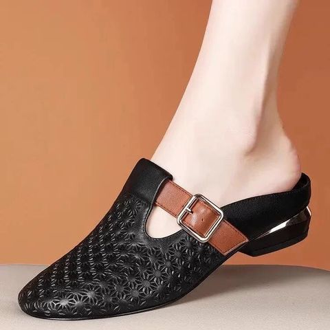 Genuine Leather Round Toe Slippers For Women