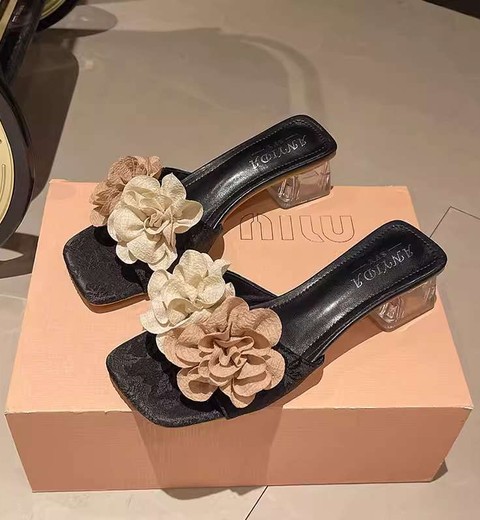 French Fairy Style Flower Crystal Thick Heel