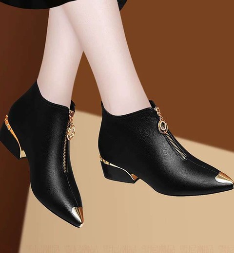Genuine Leather Women's Pointed Thick Heel Shoes