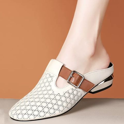 Genuine Leather Round Toe Slippers For Women