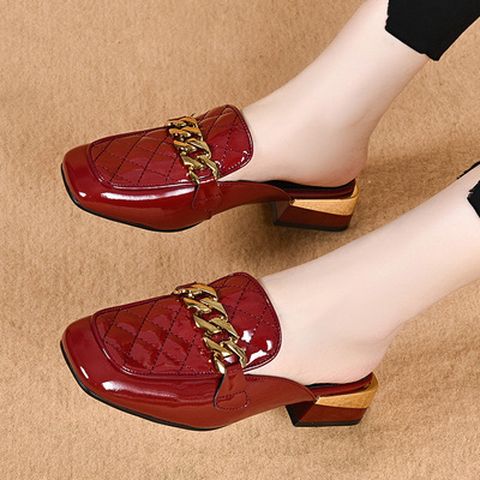 Half Slippers For Women New Patent Leather Thick Heel loafers