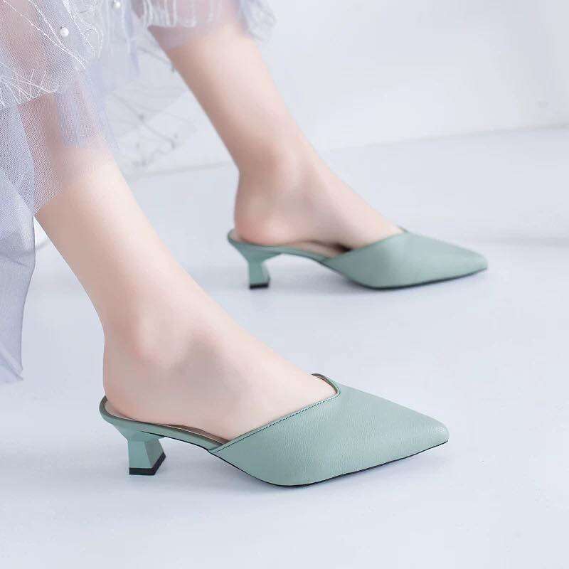 Korean Version  Pointed Thick Heel Half Slippers Mid heel