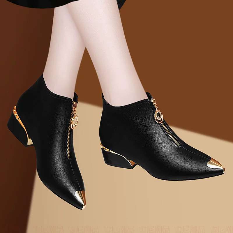 Genuine Leather Women's Pointed Thick Heel Shoes